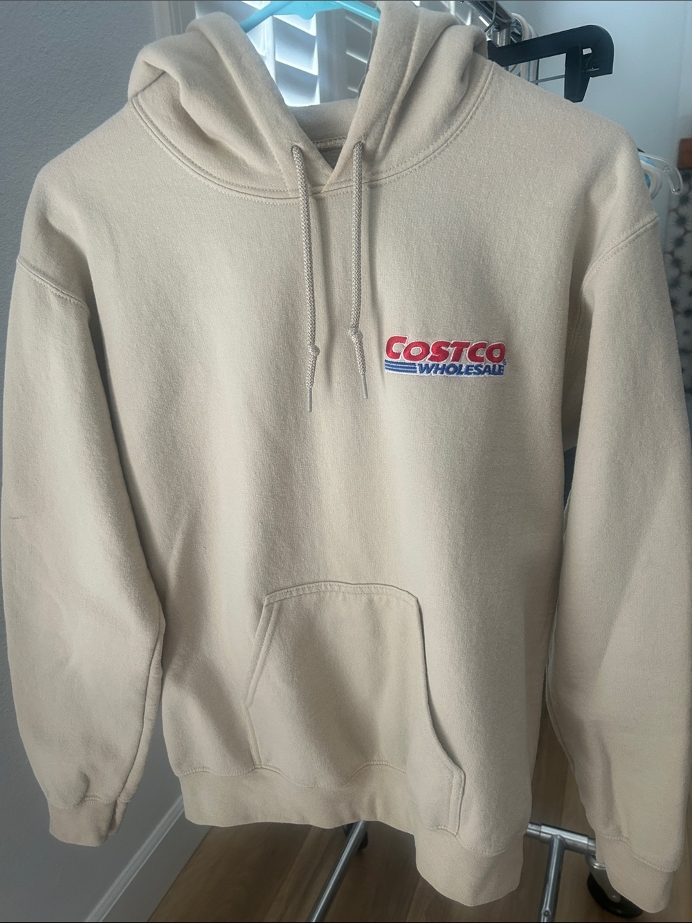 Gildan Cream Hoodie with Red & Blue Costco Logo
